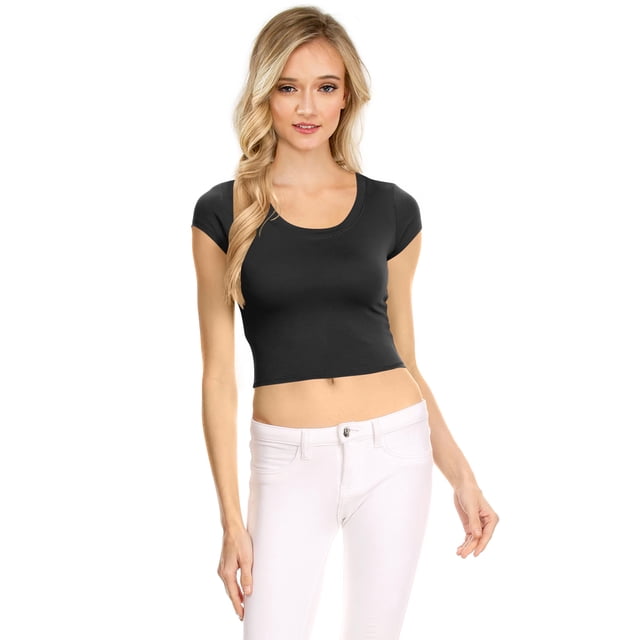 NYL Womens Basic Short Sleeve Scoop Neck Crop Top - USA, X-Large, Black