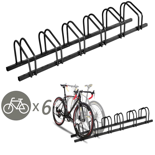Gymax 6 Bike Bicycle Stand Parking Garage Storage Cycling Rack in black, made of durable steel with a protective powder-coated surface. The rack features a compact design, measuring 71 inches in length, 13 inches in width, and 10 inches in height, and can hold up to six bikes, including child, BMX, road, and mountain bikes. It allows bikes to be parked in the same or opposite directions and is suitable for indoor or outdoor use due to its weather-resistant, anti-rust construction. Includes a screw package and user guide for easy assembly.