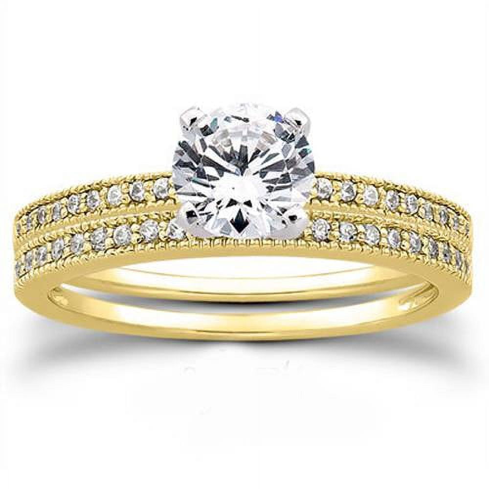 14K Yellow Gold 3/4ct Round Diamond Vintage Engagement Pave Ring Set