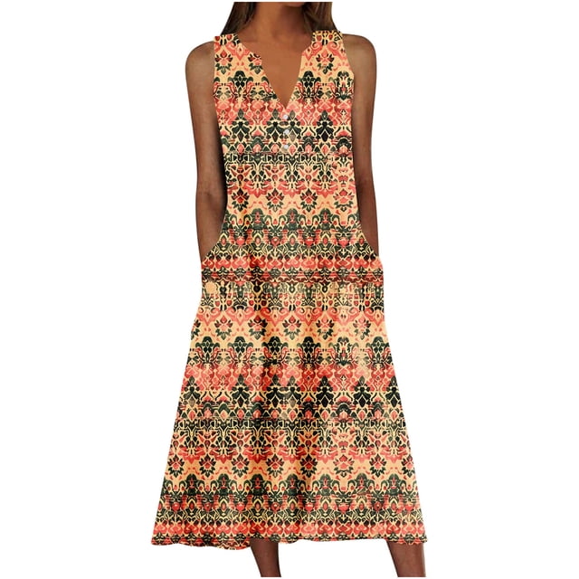 Ovzne Robes d'Été pour Femmes Robe de Plage Robe d'Été Décontractée pour Femmes Dégradé Sans Manches Col en V Longue Robe Robe de Printemps Liquidation