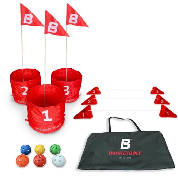 bucketgolf Jeu Ensemble de Départ 3 Trous - Nouveaux Niveaux de Jeu de Golf pour Cour Extérieure Famille, Adultes, Enfants, Fête, Pelouse, Camping, Plage