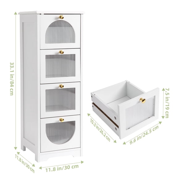 TROPOW Armoire de Salle de Bain Autoportante, Petite Armoire de Rangement pour Salle de Bain avec 4 Tiroirs, Organisateur de Rangement en Bois Blanc 11,8 Pouces x 11,8 Pouces x 33,1 Pouces pour Salle de Bain, Salon, Couloir
