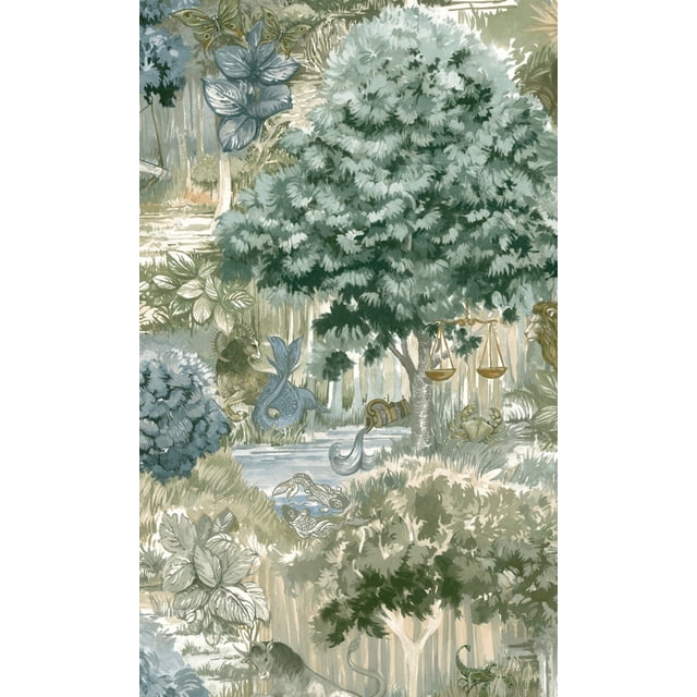 Forest Landscape Tropical Wallpaper R8281 featuring a detailed botanical design with lush green foliage, trees, and tropical elements like butterflies, flowers, and animals. The textured, non-woven wallpaper has an offset match and good lightfast properties, ideal for creating a calming, nature-inspired atmosphere in any room. Double roll, paste-the-wall, and strippable for easy application and removal.