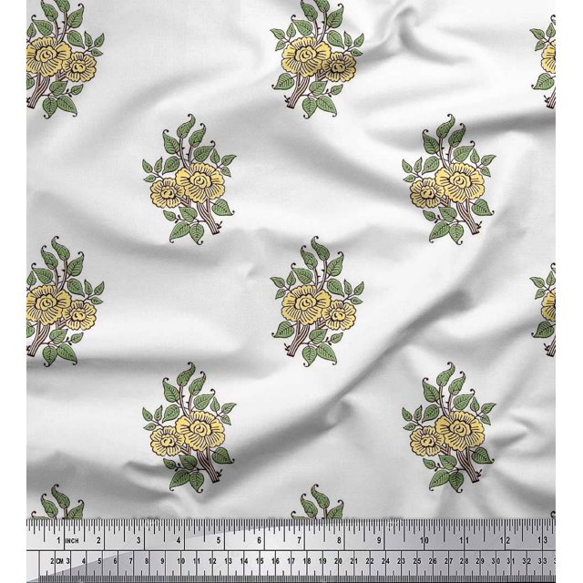 Soimoi Rayon Crepe Fabric Leaves & Floral Block Print Sewing Fabric Yard 46 Inch Wide