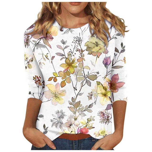 Pisexur Womens Hauts Mode Imprimé Floral T-Shirts Décontractés Col Rond Manches 3/4 Tee Tops Tendance Blouses Été Automne