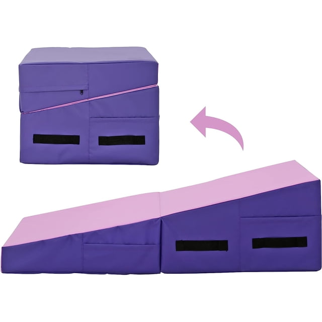 BestMassage Gymnastics Mat 48x24 Inch Incline Mat in pink and purple, designed for tumbling, gymnastics, and fitness exercises. The mat features a folding incline design for compact storage and portability, with built-in handles for easy transport. Made with high-density foam and a durable PU leather finish, it provides excellent support and impact absorption. Suitable for indoor and outdoor use, measuring 48 x 24 inches.