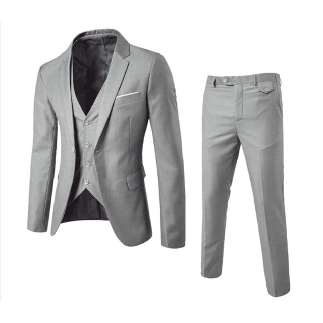 Hiiyo Tween Boys Formal Suit Solid Lapel Blazer Waistcoat Trousers 3Pcs Set in grey, ideal for boys aged 10-18. This stylish dresswear includes a tailored blazer with a solid lapel, matching waistcoat, and trousers, perfect for formal occasions like parties or family gatherings.