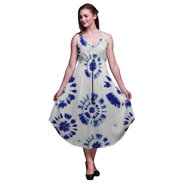 Bimba Robe de Plage Bohème Sans Manches Midi à Bretelles Imprimée Teinture sur Nœuds pour Femme - Petit