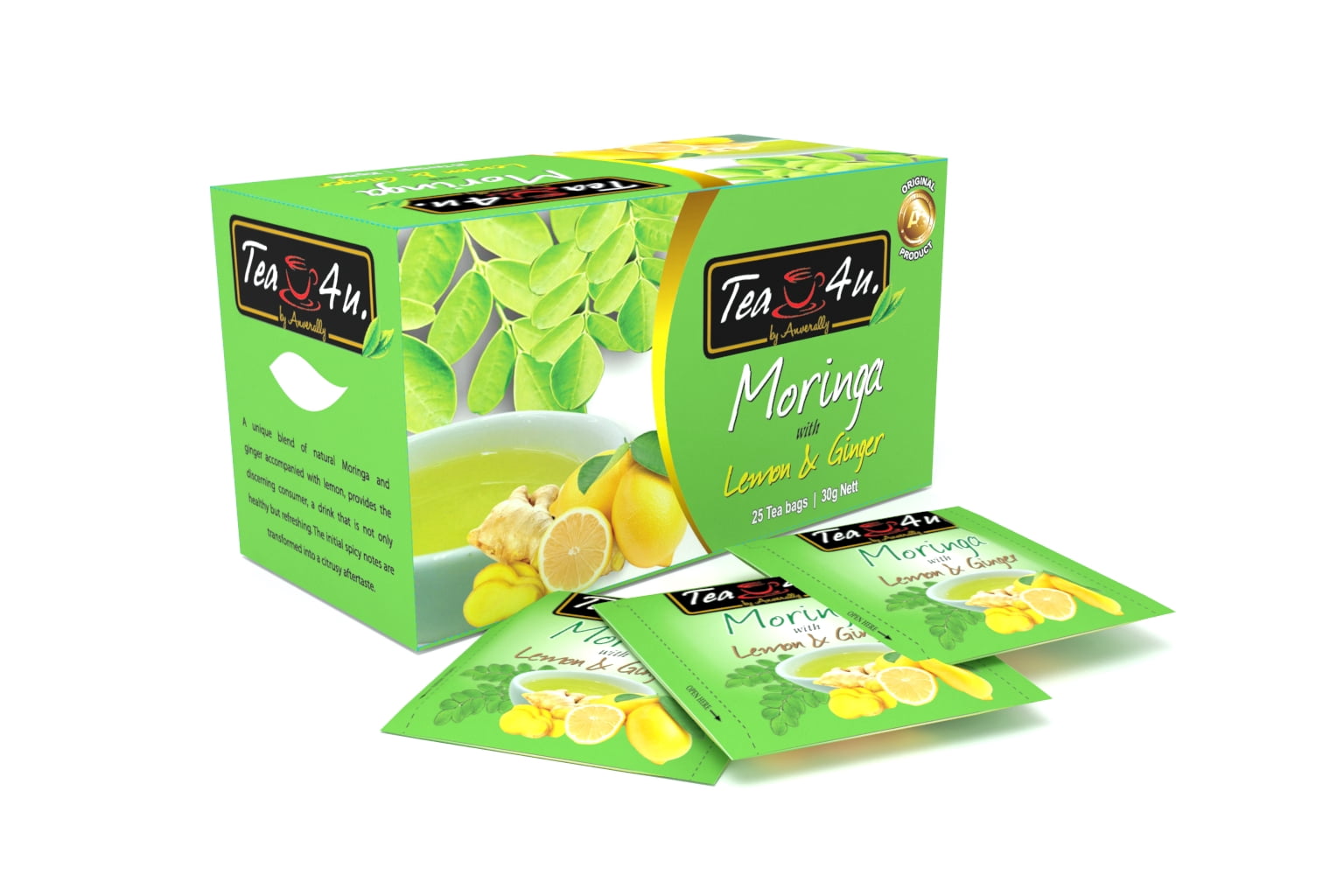 Tea4U Moringa with Lemon and Ginger Herbal Infusion, Moringa Oleifera from Sri Lanka, Box of 25 Teabags