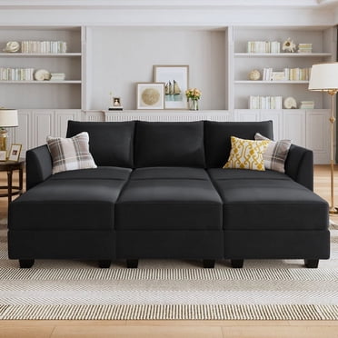 HONBAY Velvet Sectional Sofa Bed Couches Set for Living Room, Black