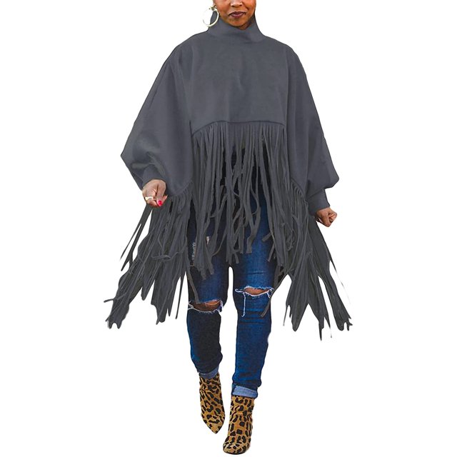Haut à Franges à Col Montant à Manches Longues pour Femmes, Grande Taille, Poncho à Franges