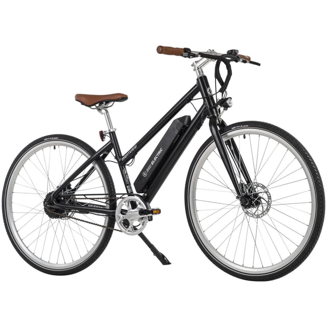 Le Vélo Électrique pour Femmes Huffy Montview 700C Présenté sous un Profil 3/4 avec un Cadre en Aluminium Noir Mat, une Selle Ergonomique Brun et des Poignées, des Roues à Roulement Rapide 700C, des Freins à Disque avant et Arrière, une Batterie 36V Verrouillable, un Phare avant, un Feu Arrière et une Béquille. Il Offre des Niveaux d'Assistance au Pédalage Réglables pour une Conduite Facile jusqu'à 20 Mi/h.