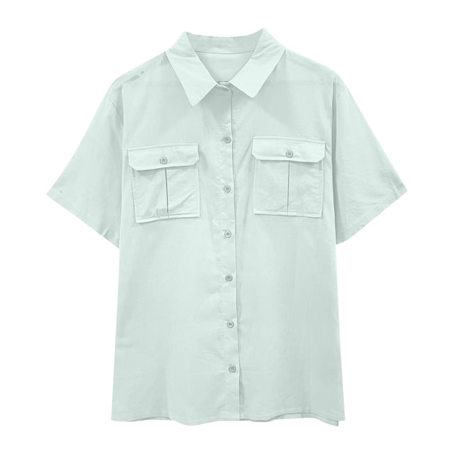 Timegard Cotton Linen Tops for Women Short Sleeve Button down Shirts Solid Color Casual Tops with Pockets