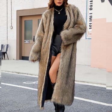 Ruimatai Women's Winter Faux Fur Long Coat Plus Size Fuzzy Fleece Thermal Open Front Coat Casual Long Sleeve Sherpa Outerwear