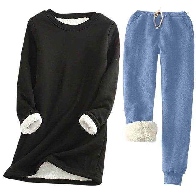 Pisexur Ensembles 2 Pcs pour Femmes Ensembles de Pyjama en Molleton Chaud pour Femmes 2 Pcs Chandail à Col Rond Pantalon de Pyjama Ample Vêtements de Détente Décontractés Tenues d'Hiver Surdimensionnées Grande Taille P-5TG