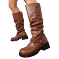 thumbnail image 1 of Slouchy Motorcycle Riding Combat Boots for Women Studded Leather Buckle Square Toe Knee High Cowboy Tall Boots, 1 of 6