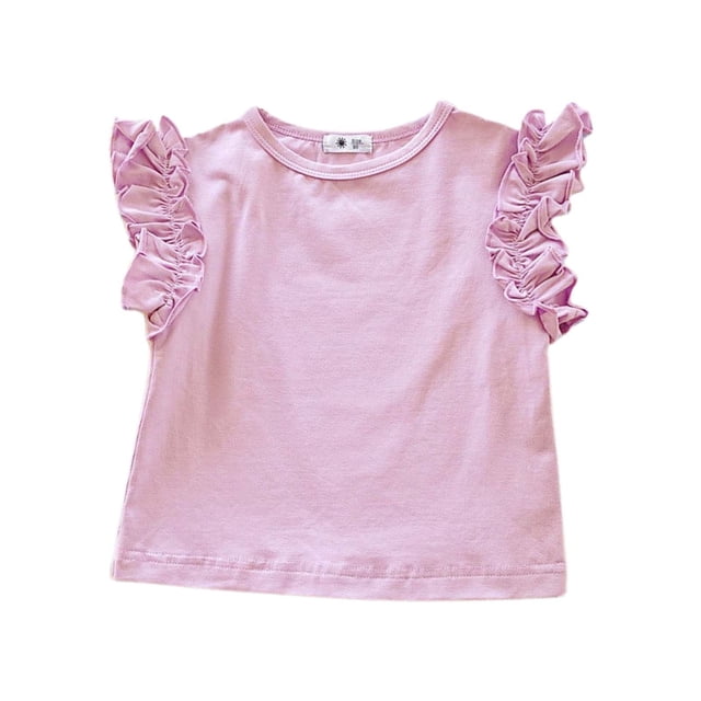 Sunnyoo T-Shirt en Coton à Manches à Volants pour Filles, Couleur Unie, Décontracté, Col Ras du Cou