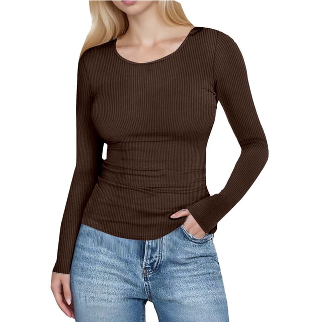 Ribbed Fitted Fall Tops - Crew Neck Long Sleeve Shirt Stretch Casual Basic Tees for Women