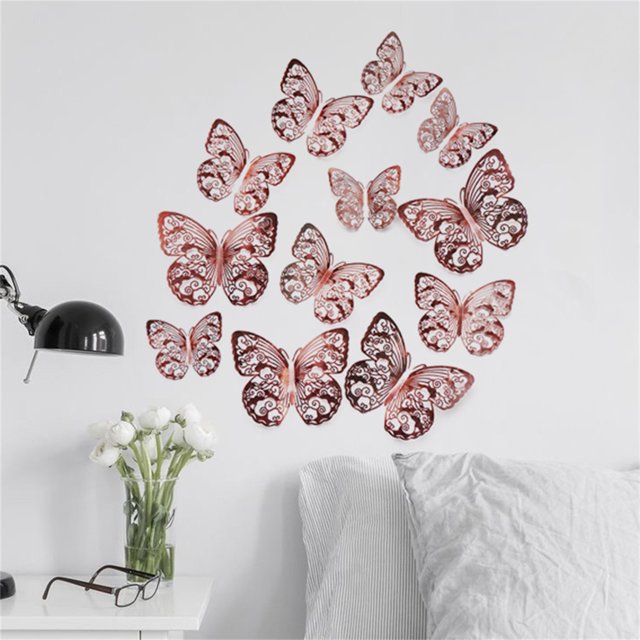 TIMIFIS Décoration Maison 12 Pcs Autocollant Mural Papillon Creux Texture Métal 3D DecorFall