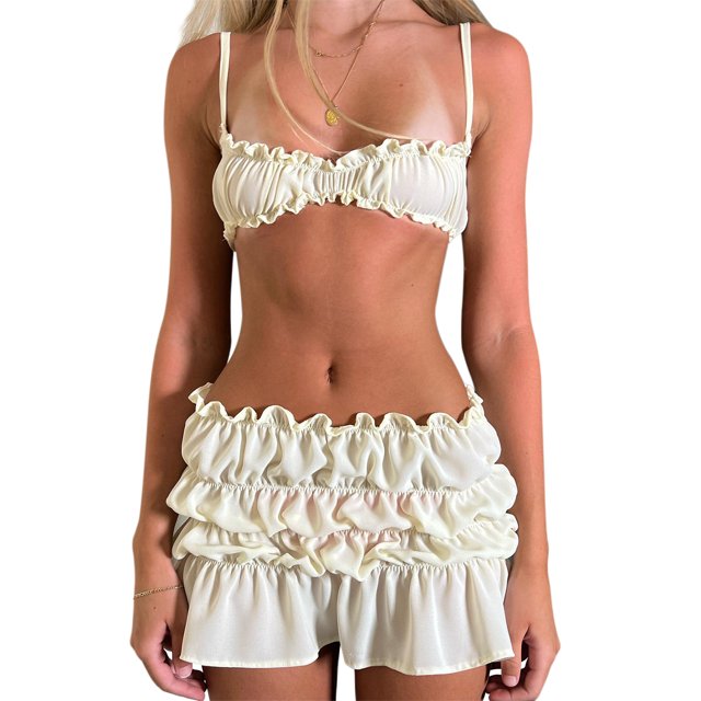 Gupgi Women's 2 Piece Solid Color Spaghetti Strap Frills Sleeveless Cami Tops Ruched Mini Skirts