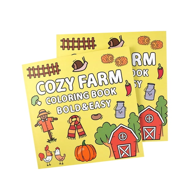 Coloring Book Coloring Book with 40 sheets featuring food, fruit, and cartoon designs for children over 4 years old. The cover showcases a bright yellow background with farm-themed illustrations, including barns, pumpkins, chickens, and scarecrows in a bold cartoon style. Ideal for kids' craft activities, Christmas ornament craft kits, and party favors.