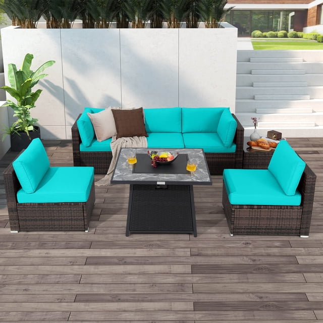 Costway 7 PCS Patio Furniture Set with 35" Propane Gas Fire Pit Table & Waterproof Cover Turquoise
