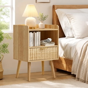 SOBREMESA 16" Fluted Nightstand Set of 2 with Charging Station, Modern Bedside Table with Drawer, with Storage, End Table for Bedroom, Light Oak