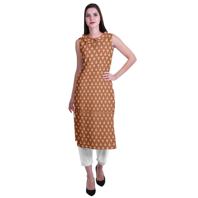 Moomaya Kurta Sans Manches à Col Peter Pan avec Pantalon Ensemble Ethnique 2 Pcs pour Femmes