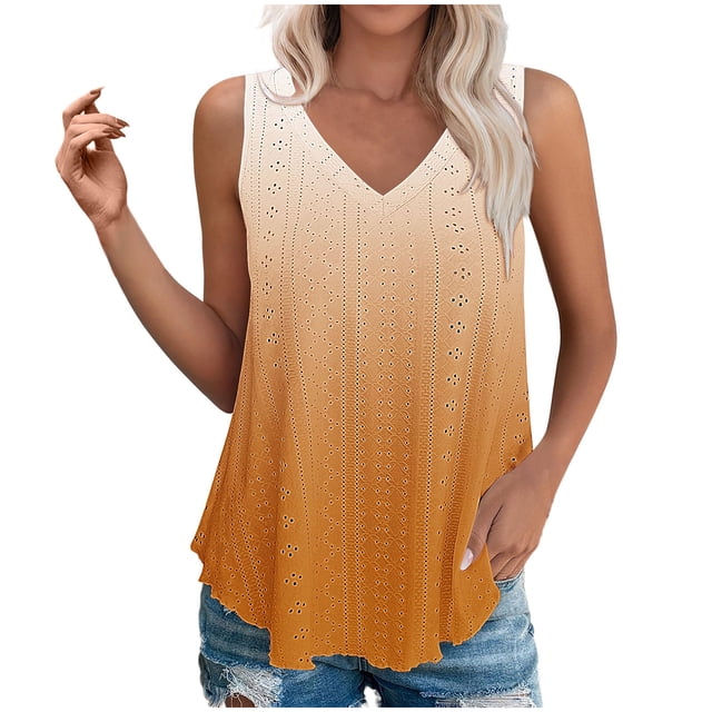Plebaso Débardeurs pour Femmes Col en V Dégradé Léger Chemises à Illets Fluides Blouses d'Été Sans Manches