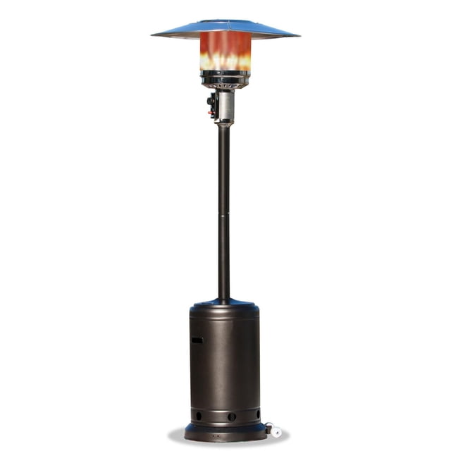 Paramount Mocha Propane Patio Heater with a mocha powder-coated steel frame and tall cylindrical base that stores a propane tank, featuring a stainless steel burner with visible flame beneath a wide metal reflector, delivering 46,000 BTU heat with one-step Piezo ignition and safety shutoff for outdoor patio use.