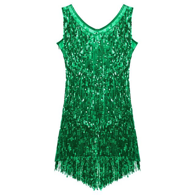 Aiihoo Robe de Danse Salsa Latin Tango Cha-Cha pour Femme, Robe Charleston à Paillettes et Franges, Costume de Salle de Bal Vert m