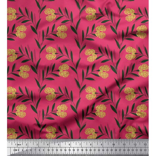 Soimoi Pink polyester Crepe Fabric Leaves & Clover Flower Hand Drawn Fabric Prints By Yard 42 Inch Wide