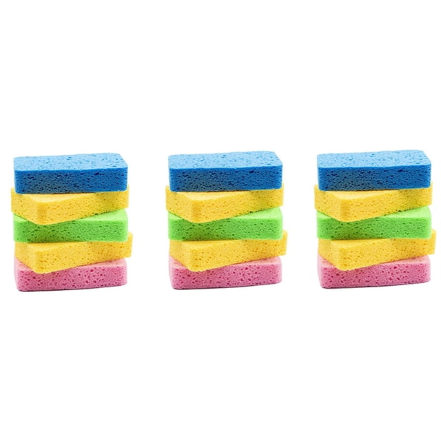 Cellulose sponges, kitchen sponges for dishwashing, duty scrub sponges with a non-scratch design and plant-based materials. Includes 15 pieces in multicolour, with larger size dimensions of 11x7x2cm for easy handling. Fast-drying and suitable for cleaning cookware, non-stick pans, glassware, and windows.