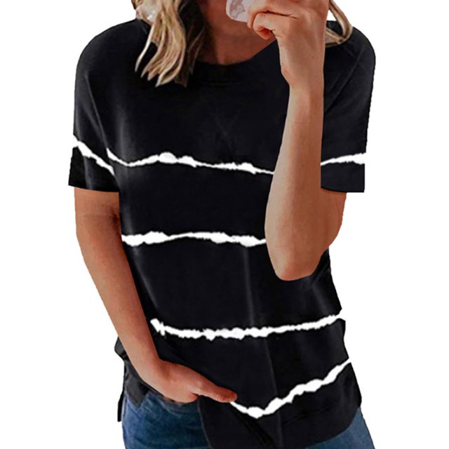 Unatoiry Polyvalent et Confortable Femmes S Chemise Toute Occasion Rayé Imprimé O-Cou Tops Tendance Noir S 1Set