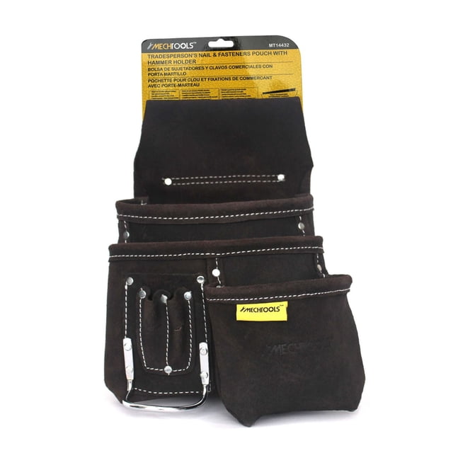 MECHTOOLS Pochette pour Clous et Fixations Tradesperson's avec Support pour Marteau en Cuir Fendu Brun Foncé durable avec Surpiqûres Blanches, rivets Résistants à la Rouille, Multiples Poches Assorties Incluant Deux Poches pour Crayon et un Support de Marteau en Métal, Conçue pour s'Adapter à une Ceinture de 2 Pouces et Idéale pour Organiser les Clous et Fixations sur les Chantiers.
