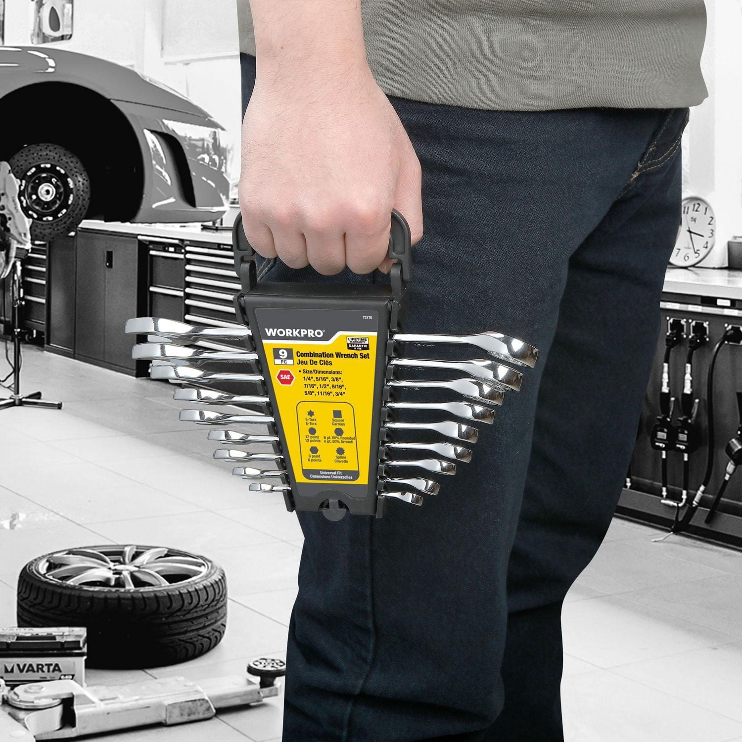 Ensemble de clés combinées WorkPro SAE avec organisateur - 9 pièces
