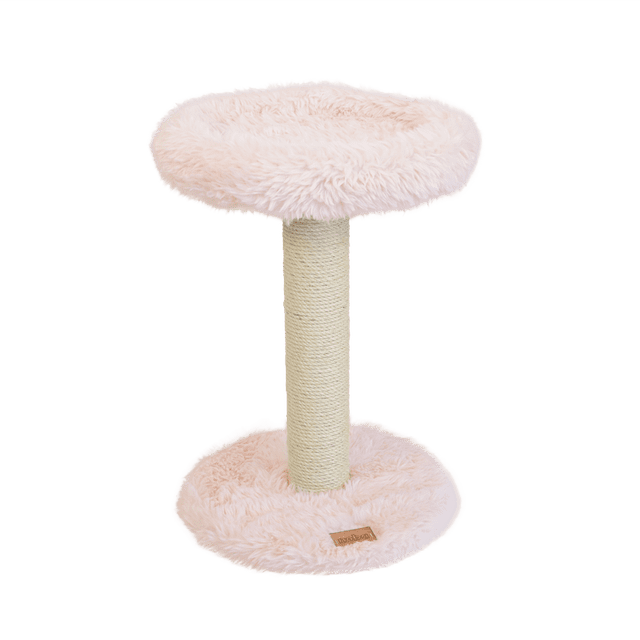 The Blush Perch – 1-Level Cat Tree features a 24-inch tall post fully wrapped in natural fique rope for scratching, a 16-inch plush pink round bed, and a matching stable base covered in soft faux fur, suitable for medium cats.