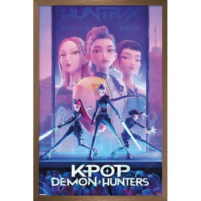 Netflix KPop Demon Hunters (2025) - Affiche Murale sur une Feuille, 22,375 Pouces x 34 Pouces Encadrée, Représentant Trois Chasseuses Futuristes de Démons en poses d'Action Tenant des Épées Lumineuses et des Armes devant un Grand Panneau d'Affichage Numérique avec Texte « Huntrx WORLD TOUR ». l'Affiche Présente un Éclairage de Paysage Urbain Néon et une silhouette de Foule en Dessous, Imprimée sur Papier Photo Art Brillant avec un Cadre en Bois Moderne, Idéale pour une Déco Murale