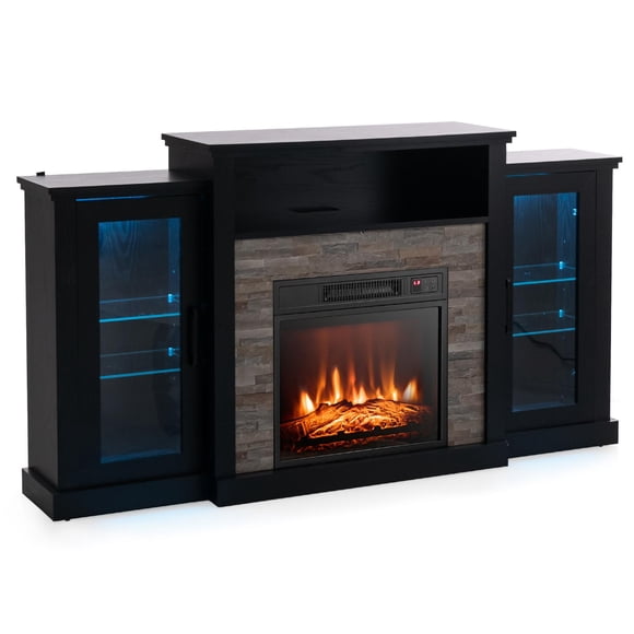 Giantex Fireplace TV Stand w/LED Lights & Smart APP Control for TVs up to 65", Entertainment Center w/18" Electric Fireplace, Black