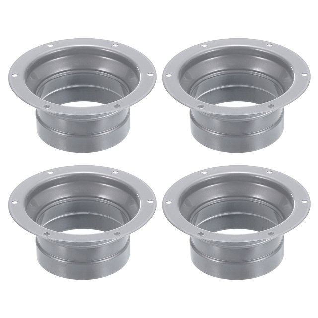 Unique Bargains 3 Inch Duct Connector Flange Straight Pipe Flange Round Ventilation Duct, 4 Pcs. The image displays four silver-tone galvanized iron duct connectors with a smooth surface and pre-drilled screw mounting holes for secure installation. Each connector has an outer diameter of 73 mm (2.9 inches), a base outer diameter of 113 mm (4.4 inches), and a height of 48 mm (1.9 inches). Ideal for ventilation systems, air conditioning, dust collection, and exhaust fans.