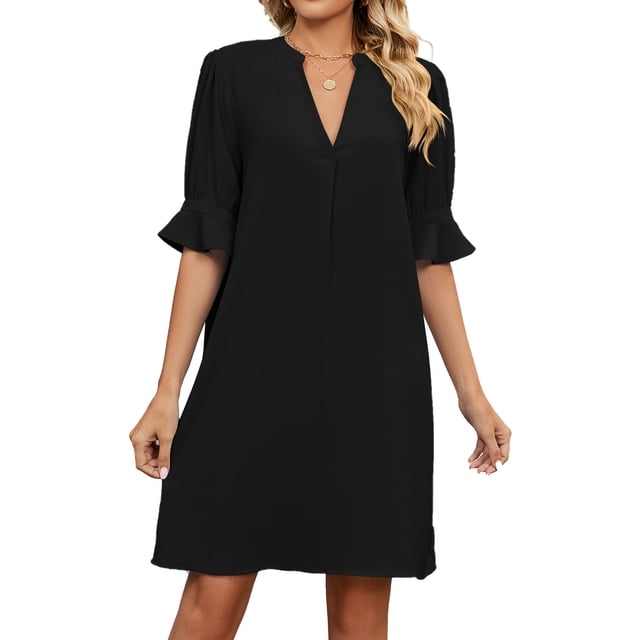 Robes de Soirée pour Femmes à Col en V avec Volants, Manches 1/2, Robe Midi par Yuyuzo. Cette Élégante Robe Noire Présente un Col en V, des Manches Mi-Longues à Volants et un design Uni Mi-Long, Convient aux occasions d'Affaires Décontractées d'Été Ou Formelles.