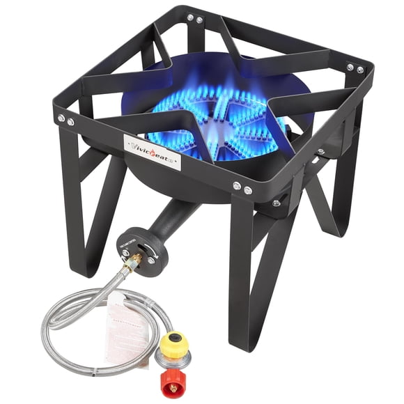 Vivicreate Propane Gas Stove, 185000 BTU High Pressure Outdoor Camping Stove with Regulator, Cast Iron Burner, CSA listed regulator and gas hose,Black (Normal)