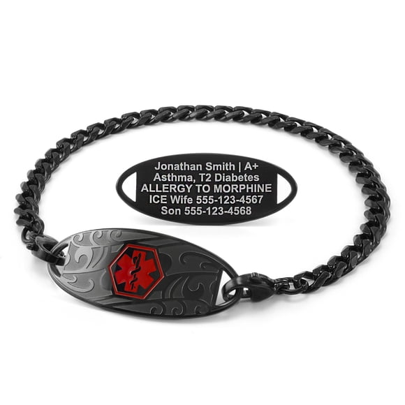 MedicEngraved Black Stainless Steel Custom Medical Alert Bracelet - 5mm Curb Link