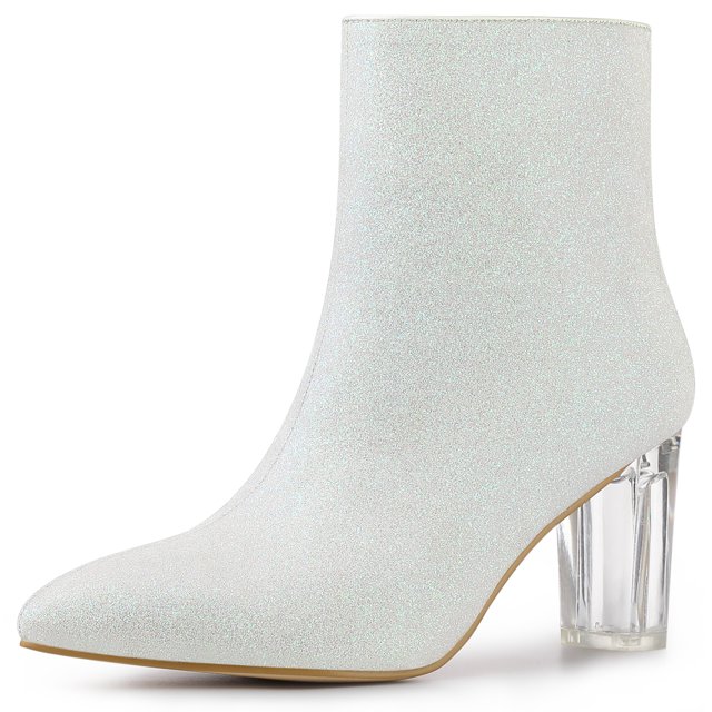 Unique Bargains Bottines à Paillettes à Talon Bloc Transparent pour Femme Blanches (Taille 6,5)