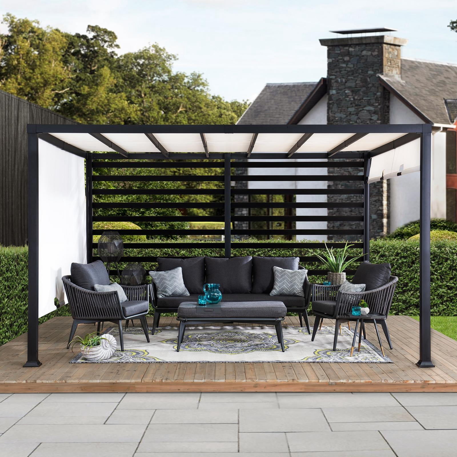 Sunjoy Pergola de jardin métallique moderne 10 x 12 pi avec toit réglable blanc et mur de confidentialité.