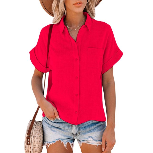 MAWCLOS Chemises pour Femmes Blouse à Col à Revers Manches Courtes Hauts Amples Plage Tunique Boutonnée Chemise Rouge TTG