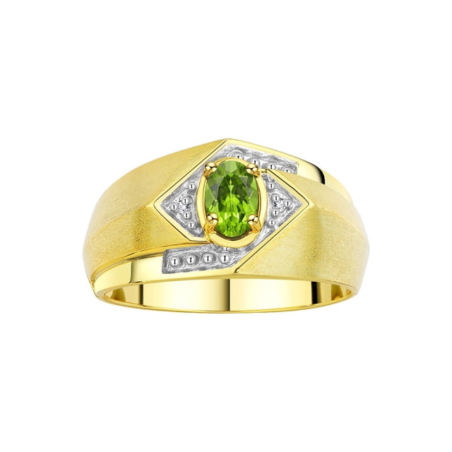 RYLOS Mens Rings Yellow Gold Plated Silver Ring 6X4MM Oval Shape Gemstone & Diamond Ring Peridot August Birthstone Rings For Man Silver Rings, Size 11