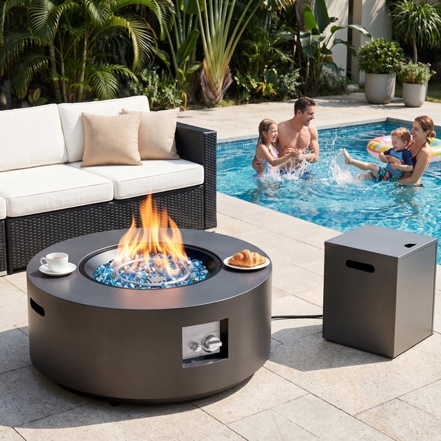 30'' Round Propane Fire Pit Table, 50,000 BTU Dark Gray Iron Outdoor ...