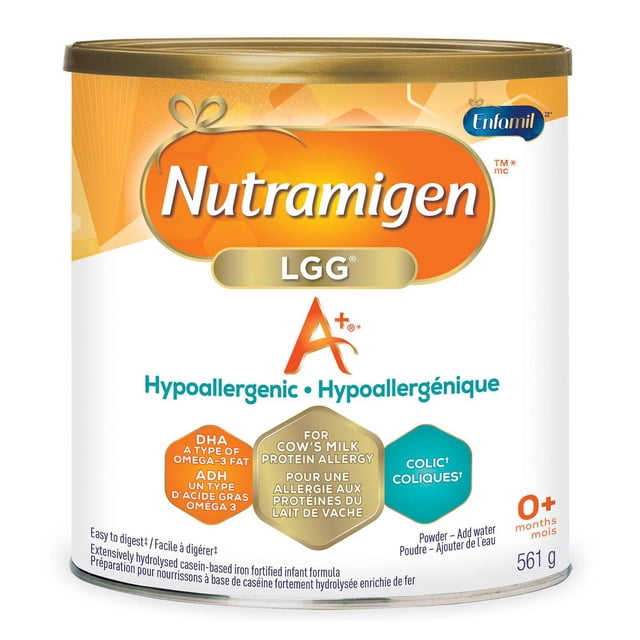 Nutramigen® A+® with LGG® hypoallergenic baby formula canister with gold lid, 561 g, formulated for infants with cow's milk protein allergy, containing DHA omega-3 fat and designed to relieve colic symptoms.