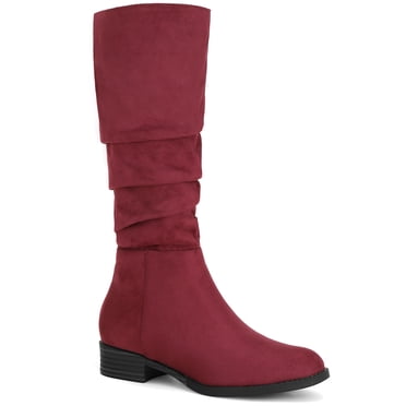 BLISSFUL STEP Women's Slouch Knee High Boots Round Toe Low Block Heel Faux Suede Boots Burgundy 10